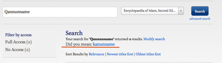 【‘Qanunname’で検索した場合】検索すべき語を提示してくれる。